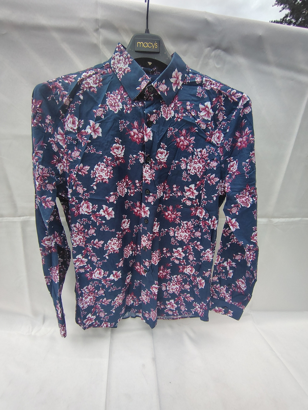 EXPRESS. Navy Floral Long-Sleeve Button-Down Shirt with Pink Blooms